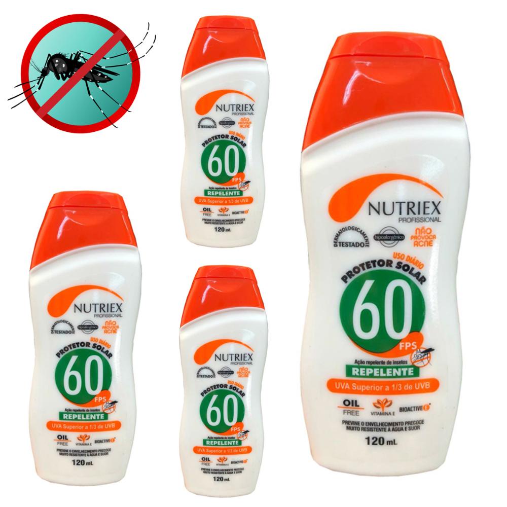 Kit com 4 Protetores Solar FPS 60 com Repelente 120 ML Bisnaga NUTRIEX em Oferta na Shopee