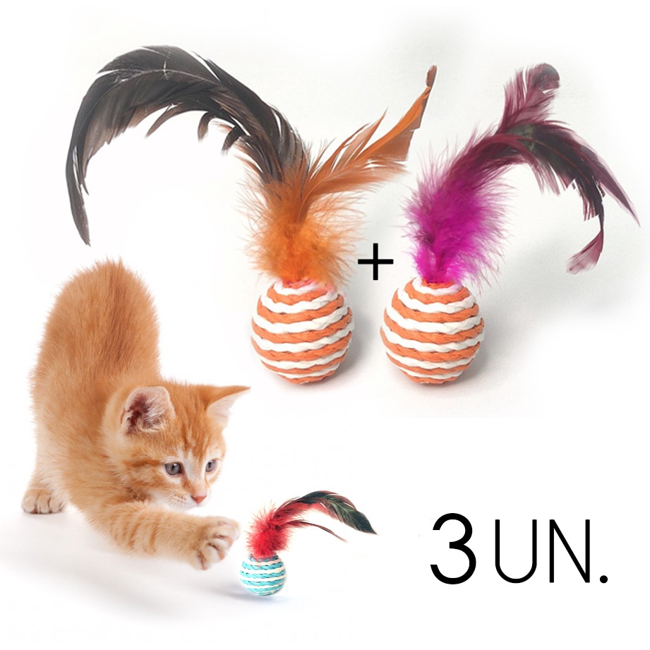 Kit com 3 Brinquedos para Gato Pet Filhote Bolinha Com Pena | Shopee Brasil