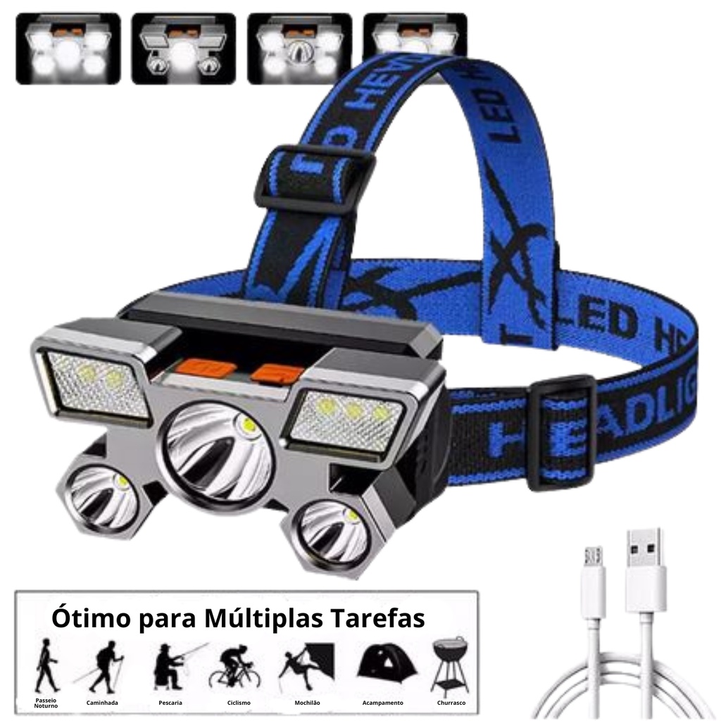 Lanterna De Cabeça 5 LED Super Potente  Recarregável USB 4 modos Camping Caça Bike 1 em Oferta na Shopee