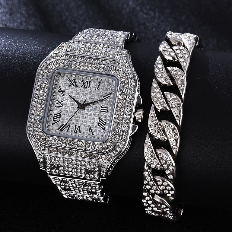 Relógio De Pulso Masculino Quartz Com Mostrador Quadrado Com Strass Completo Escala Romana