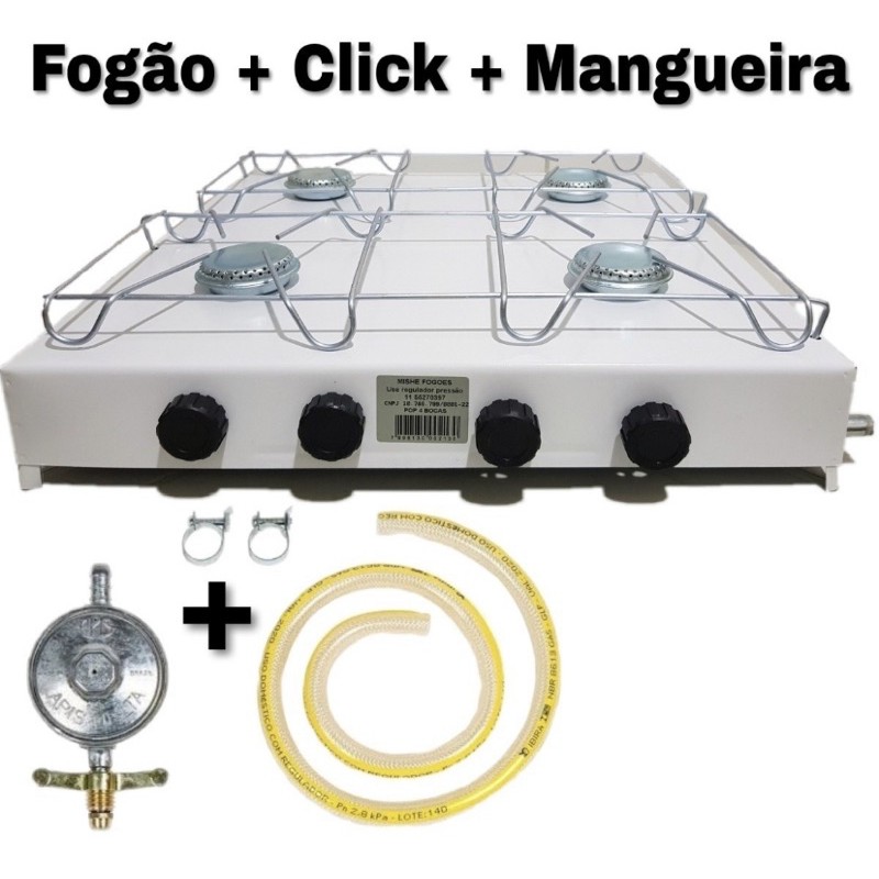 Fogao Fogareiro 4 Bocas de Mesa + Click Registro e Mangueira A Gas Baixa Pressão Varias Cores