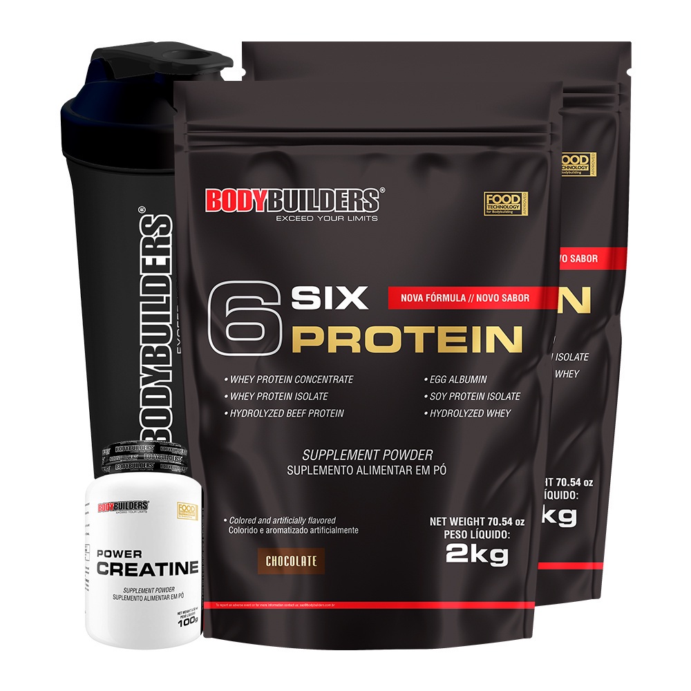 Kit 2x Whey Protein Concentrado 6 Six Protein 2kg + Power Creatina 100g + Coqueteleira – Ganho de Massa Muscular Magra e Força Muscular - Bodybuilders