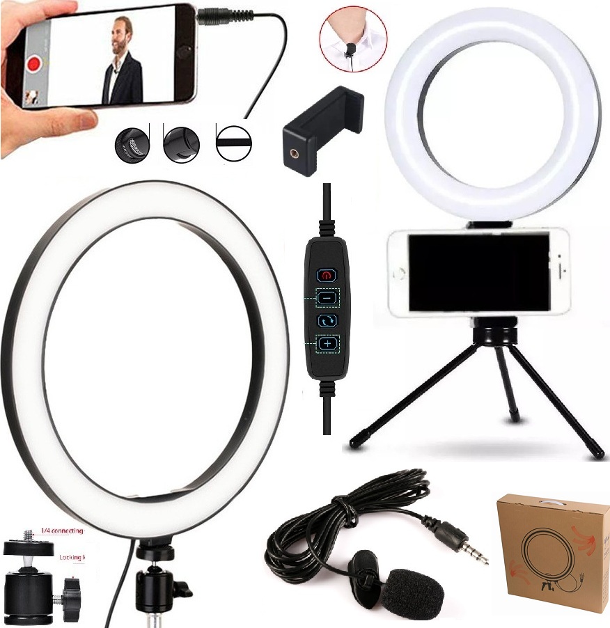 Kit para gravar vídeo no celular com ring light, tripé e microfone de lapela