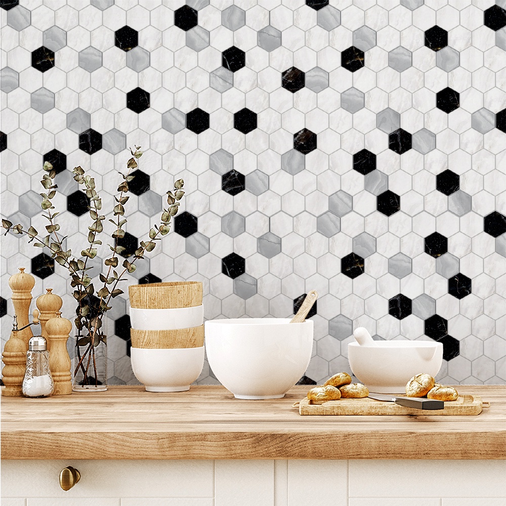 Azulejo Adesivo Lavável Colmeia Marmorizado Preto e Branco