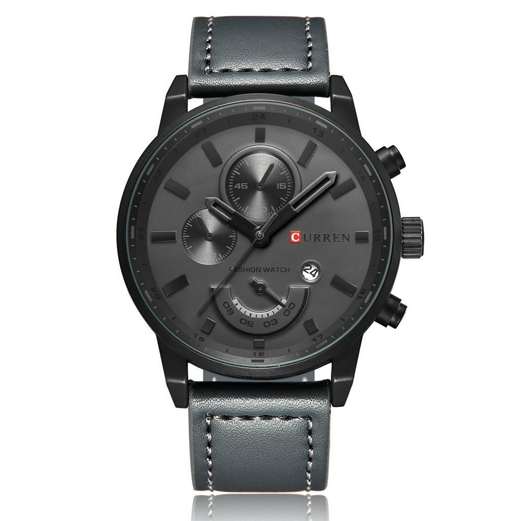 Relógio Masculino Original Curren Pulseira De Couro Aço Inox - Cinza-escuro
