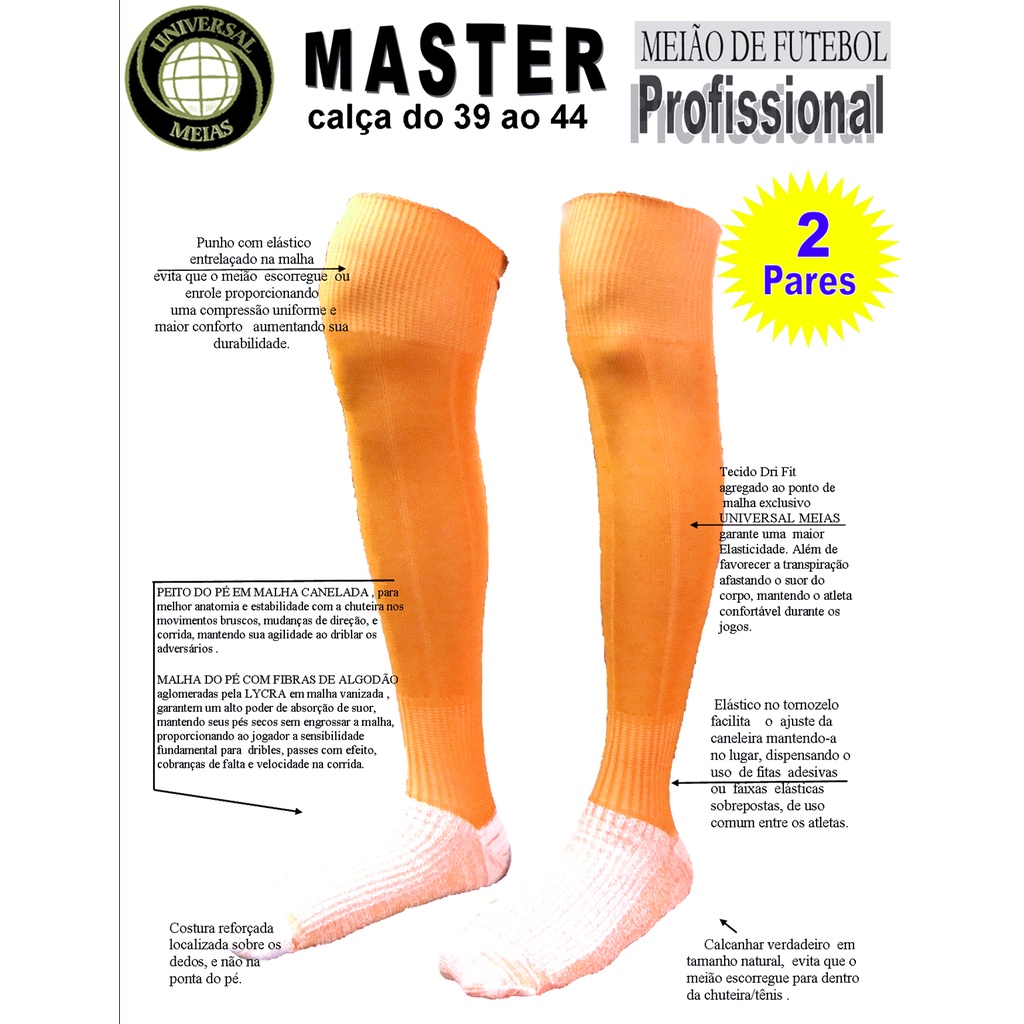 2 Pares de Meião de Futebol LARANJA - Profissional - ORIGINAL Universal Meias - Adulto - Juvenil - Infantil