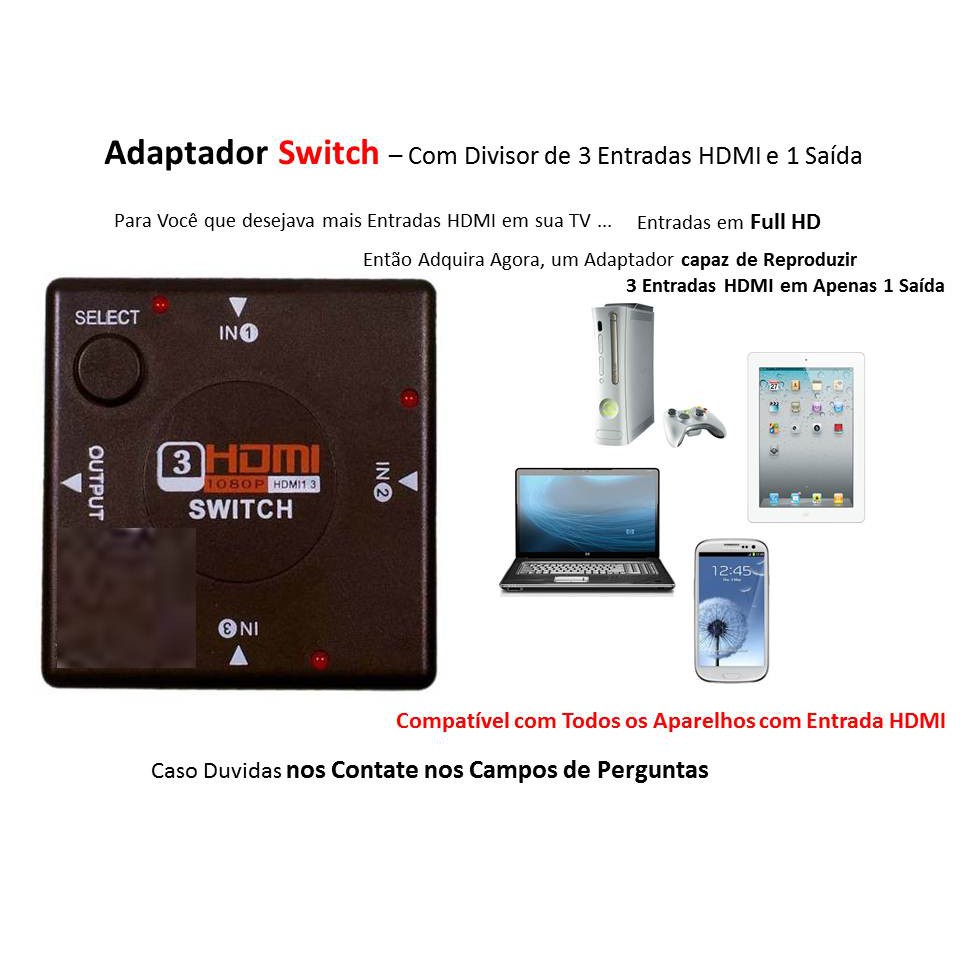 Chave Seletora Switch Hub Hdmi 3 Entradas 1 Saída