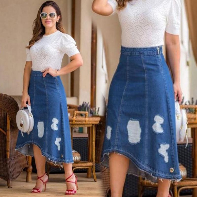 Saia Jeans Midi com barra ondulada IGUAL FOTO - Moda Evangélica ♡ (Frete grátis acima de 50 com cupom shopee)