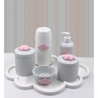 Kit Higiene Bebê Porcelana Nuvem Azul Rosa Prata Marinho Garrafa 250ml 6 Peças em Oferta na Shopee