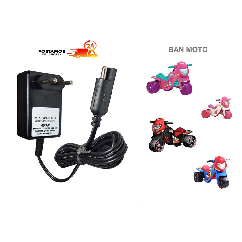 CARREGADOR P/ BATERIA 6V BAN MOTO - MOTO ELÉTRICA BRINQ. BANDEIRANTE