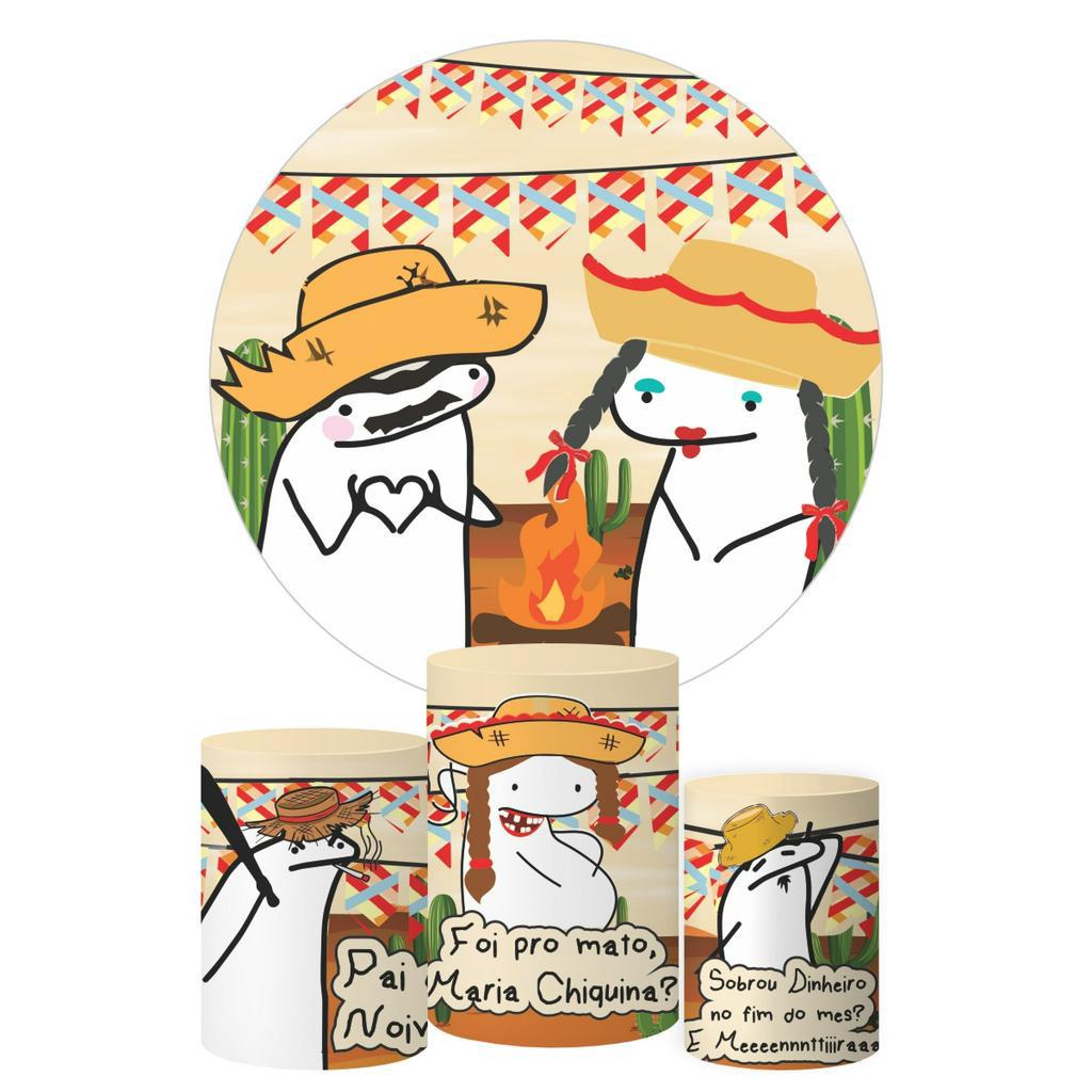 Kit Painel Redondo + Trio Capas Cilindro Bento Cake Festa Junina Arraiá Decoração Tecido Veste Fácil