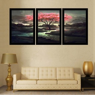 Quadros Decorativos Kit 3 Peças Paisagem Árvore Rosa Fundo Preto
