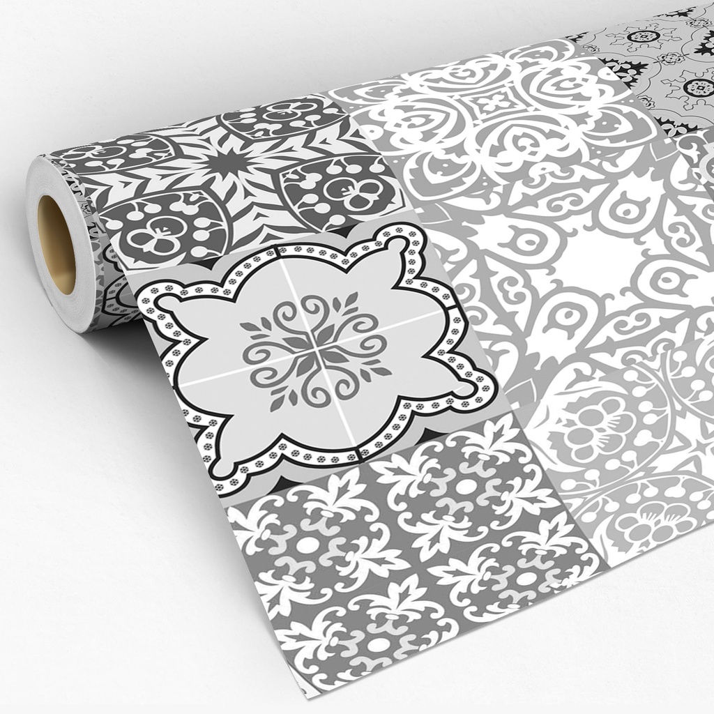 Papel De Parede Adesivo Para Cozinha Azulejo Ladrilho Retrô Portugal Mosaico Tons Cinza Lavável 3D