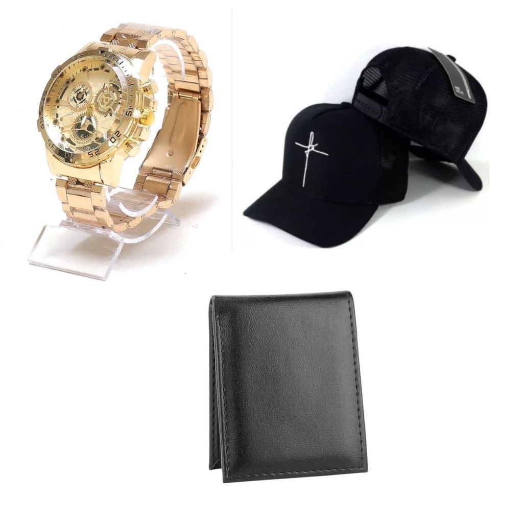 Kit Masculino Presente Homem Relógio Dourado + Boné + Carteira Promocao