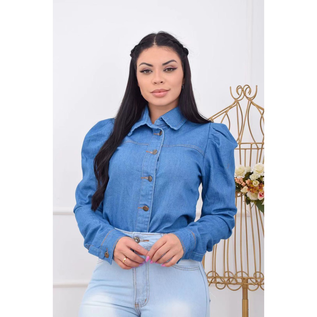 Camisa Jeans Feminina Manga Bufante 911 Shopee Brasil