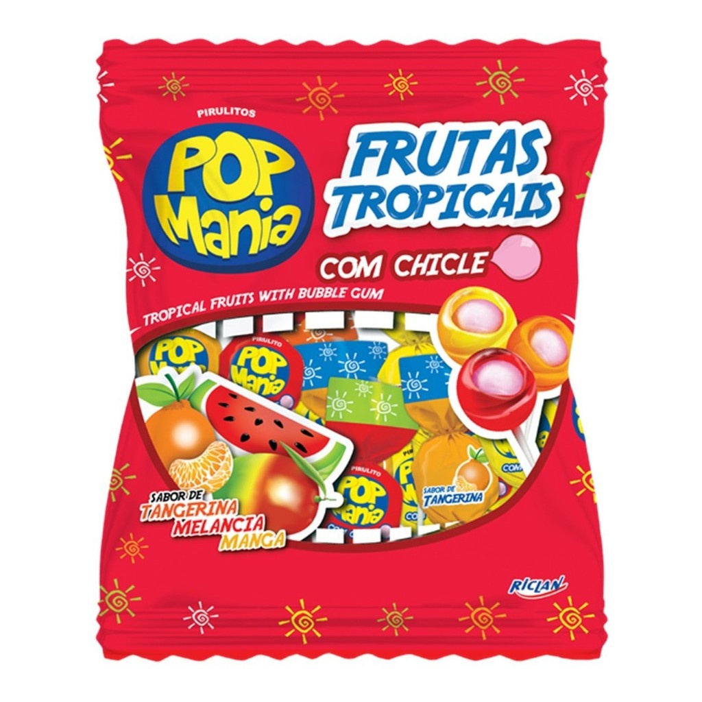 Pirulito Pop Mania Com Recheio Chiclete Frutas Tropicais  C/50un