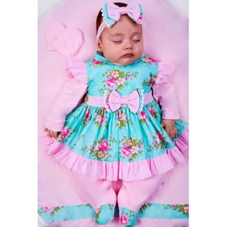 Saída Maternidade Pompom Vestido Rosa Com Verde Água Roupas Para Bebê