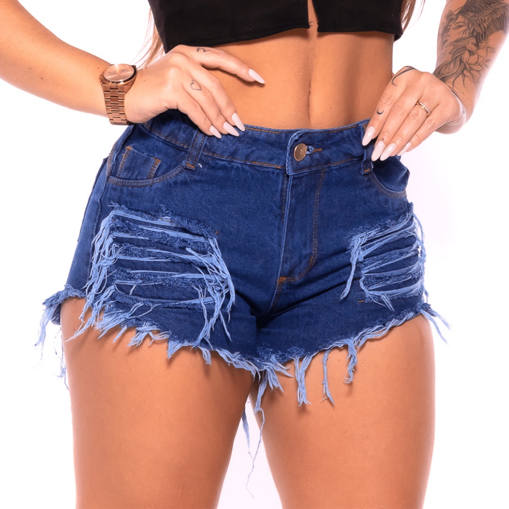 Shorts Jeans Feminino Azul Denim Barra Desfiada Cintura Alta Curto Rasgado Shopee Brasil