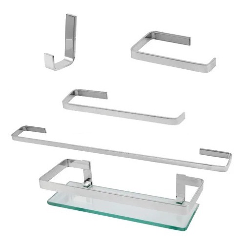 Kit Acessórios para Banheiro Alumínio Square Quadrado Cromado Luxo Resistente 4 pçs + 1 Porta Shampoo Reto Luxo Prateleira Vidro Banheiro Square