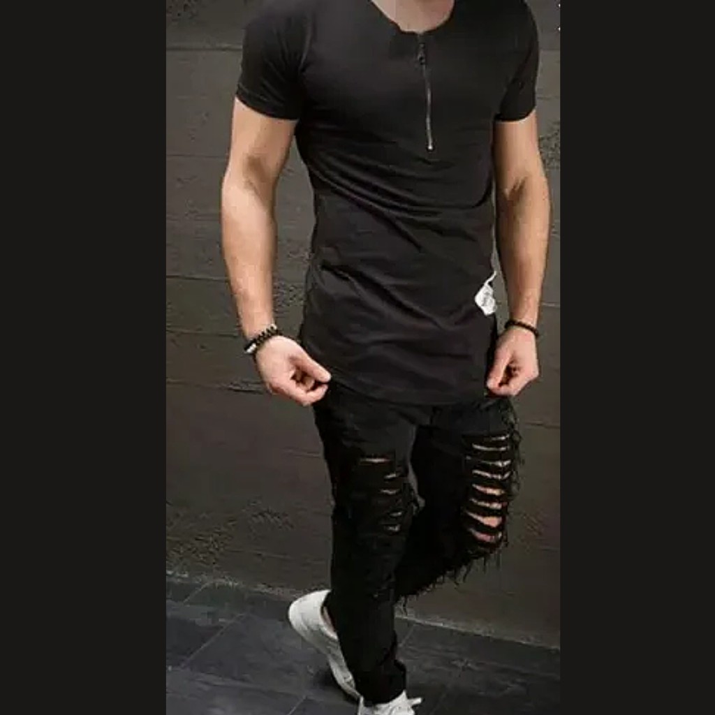Calça masculina preta rasgada skinny justa no corpo sarja / Calça jeans skinny sarja masculina destroyed moda masculina