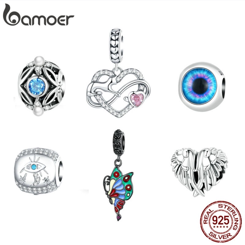 Bamoer Beads Art Borboleta Asas De Coração Símbolo Da Sorte Charme 925 Prata Original Acessórios Adequados Para Pulseiras Diy