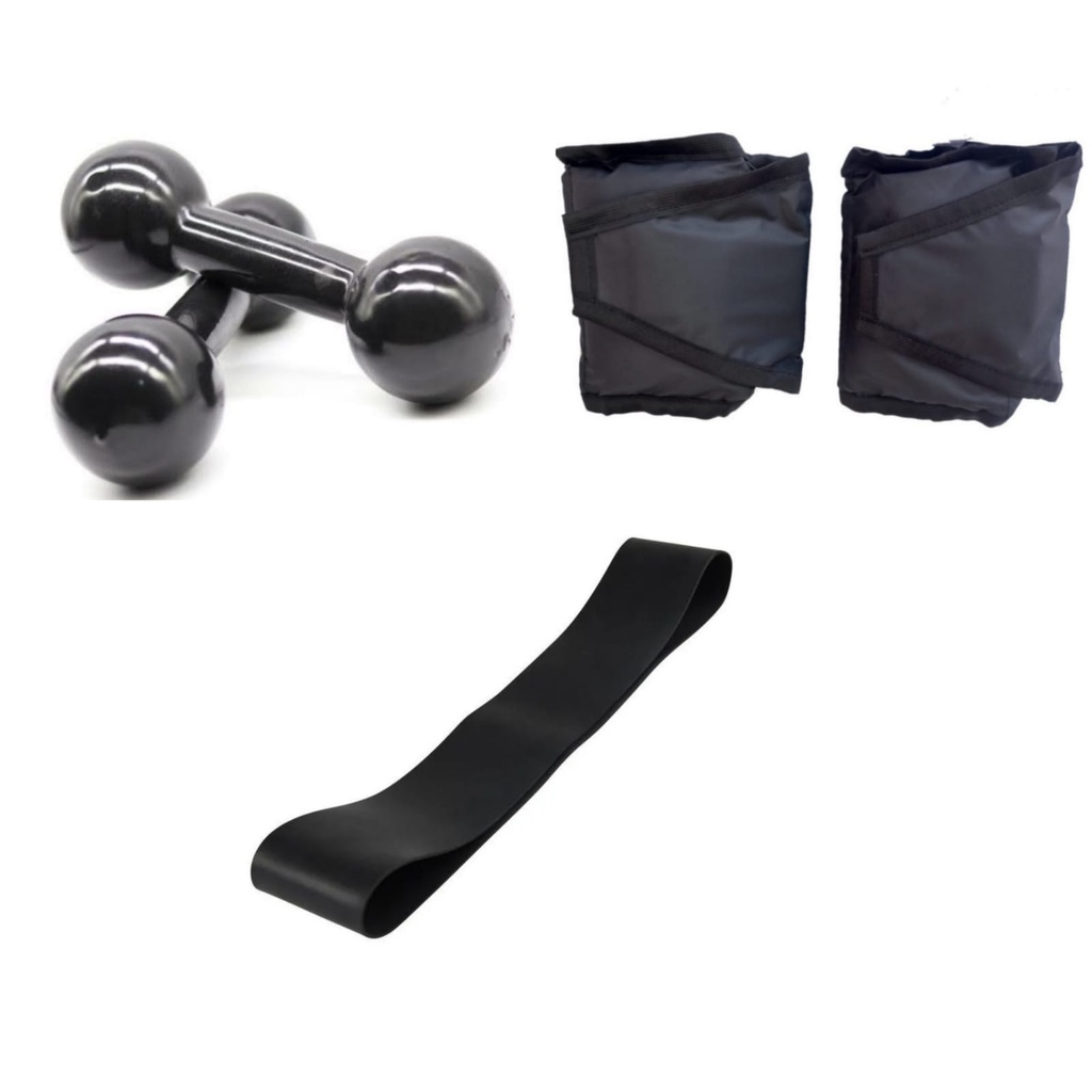 Kit Treine Em Casa Par Halter Emborrachado 3 Kg e Tornozeleira 3 Kg + Elástico Treino