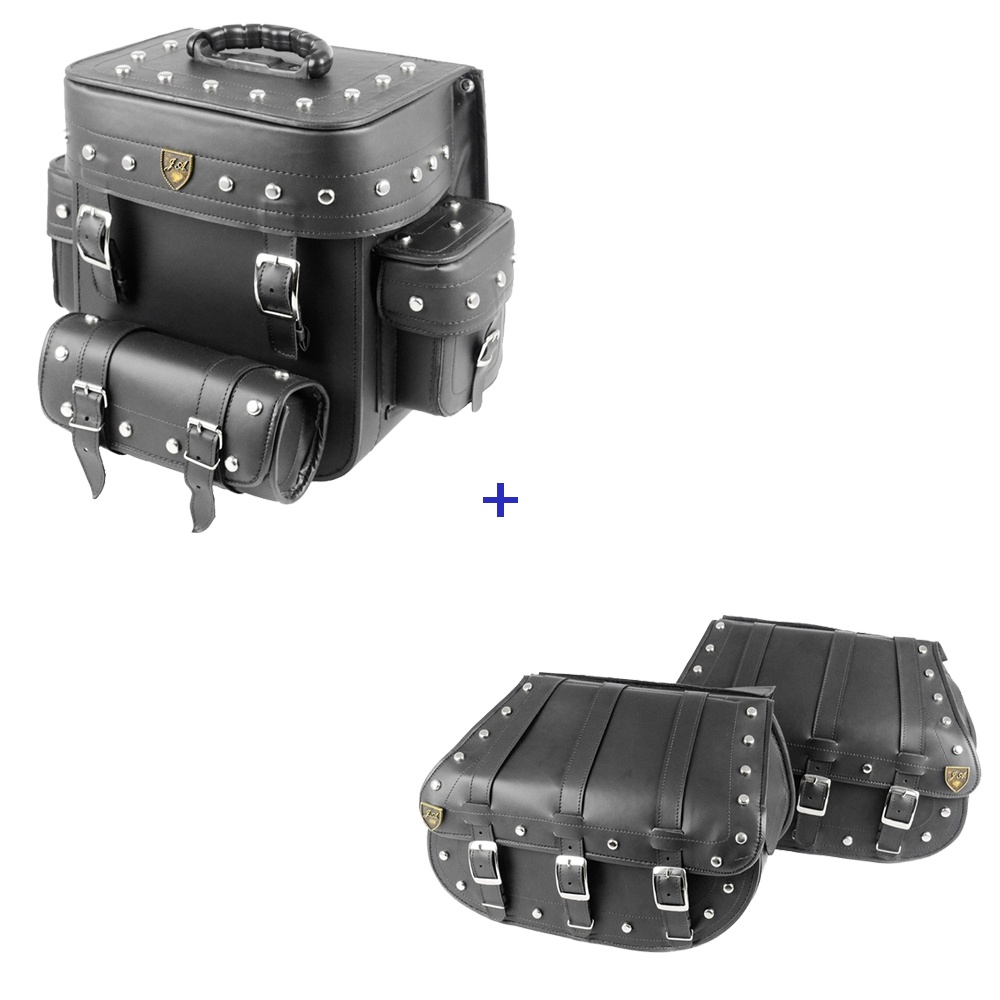 Kit Viagem Alforge Traseiro 29 Litros em Couro Sintético C/ Cravos + Alforge Lateral 3F 25 Litros em Couro Sintético C/ Cravos