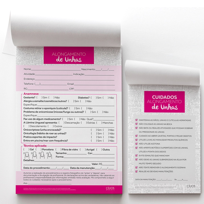 Ficha Anamnese de Alongamento de Unhas + Cuidados com Alongamento de Unhas com 100 folhas cada