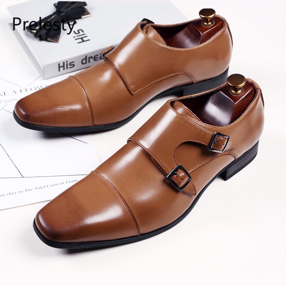 Prelesty Ready Stocktamanho Grande Masculino Couro De Vaca Alça Dupla Monge Sapatos Vintage Confortável Bonito