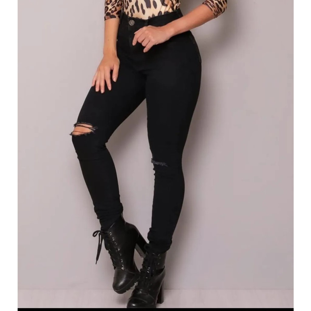 Calça Preta Jeans Rasgada Carmen Carmenere Feminino CRMN DELUXE