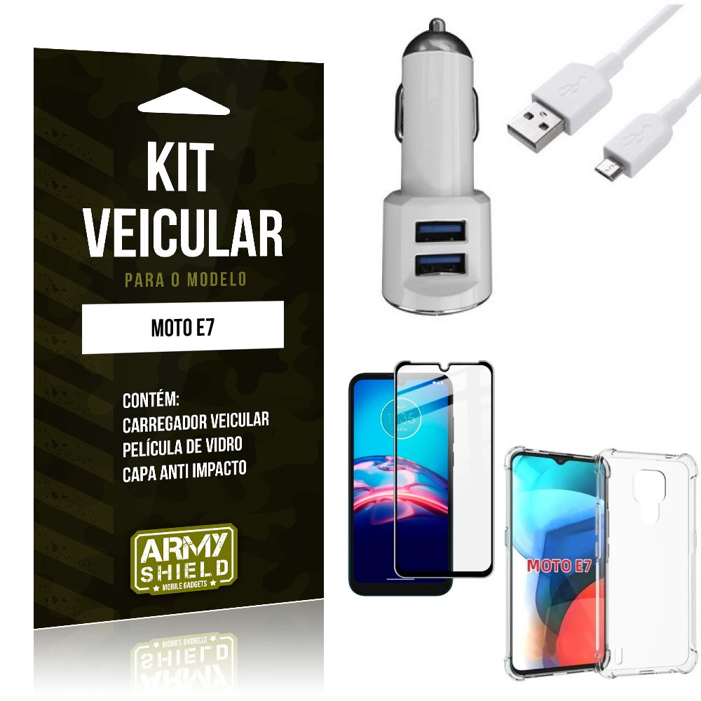 Kit Moto E7 Carregador Veicular Tipo C + Capa Anti Impacto + Película Vidro 3D - Armyshield
