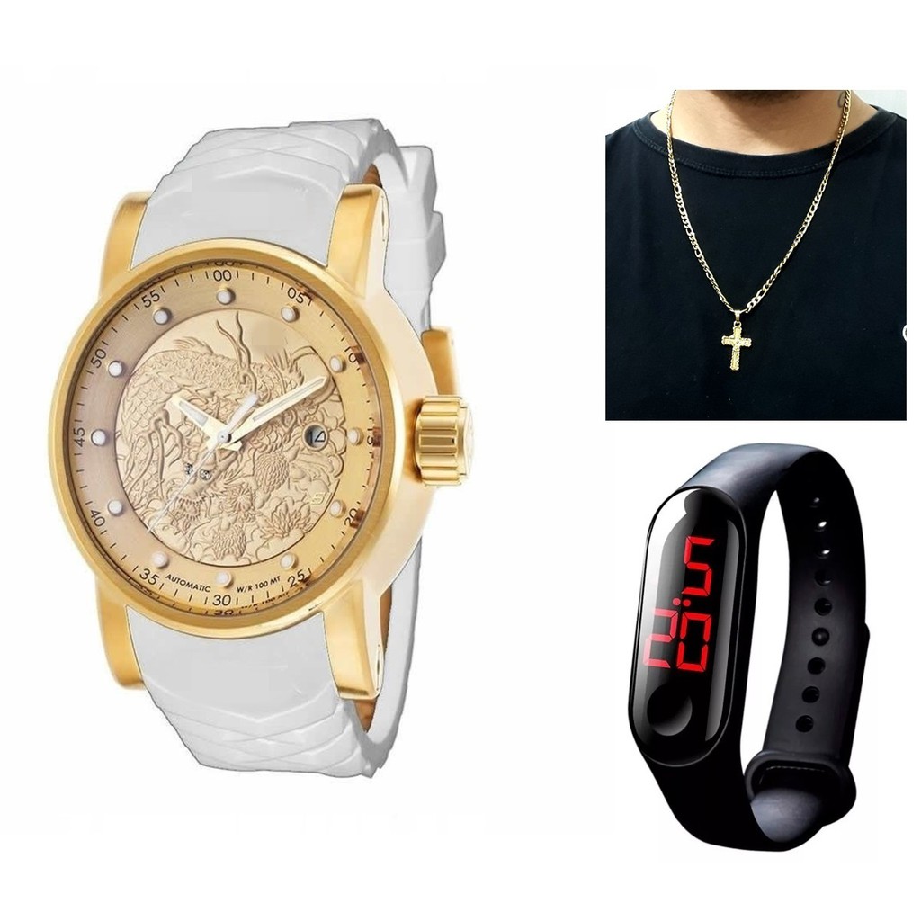 Relógio Yakusa Branco Dourado+ Corrente Banhada Ouro + Caixa + Brinde