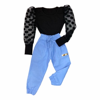 Roupa Feminina Infantil Blusa Tule Calça Jogger Blogueirinha em Oferta na Shopee