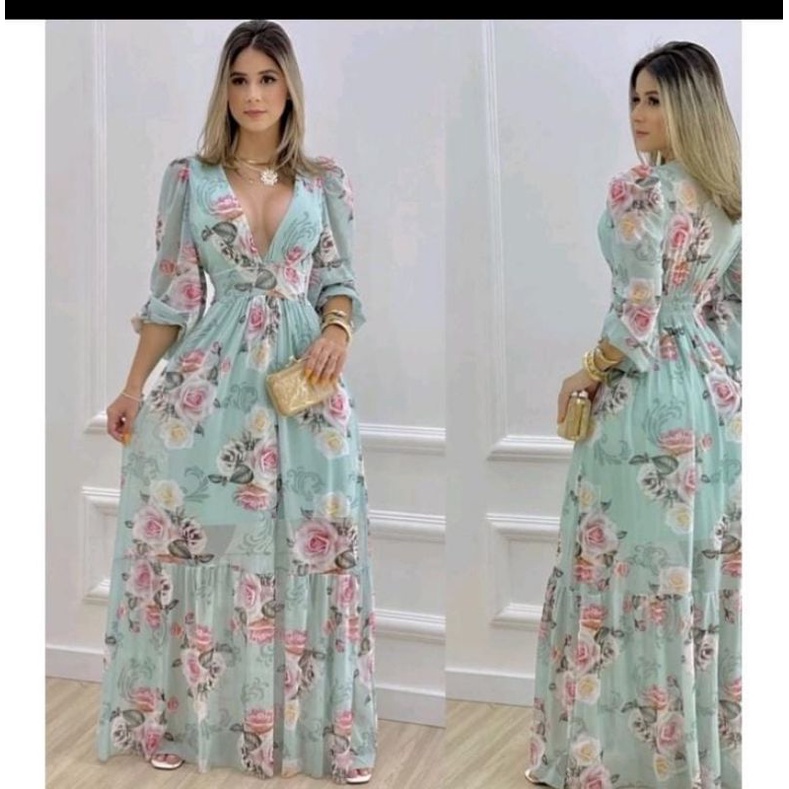 Vestido Longo de Tule com Manga Longa  Festa e Casamento Feminino