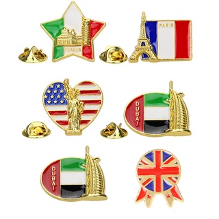 França Reino Unido Eua Bandeira Nacional Pins Esmalte GR Paris Torre Eiffel La Tour Lembrança Brochura Bolsa Roupas Lapela Pin