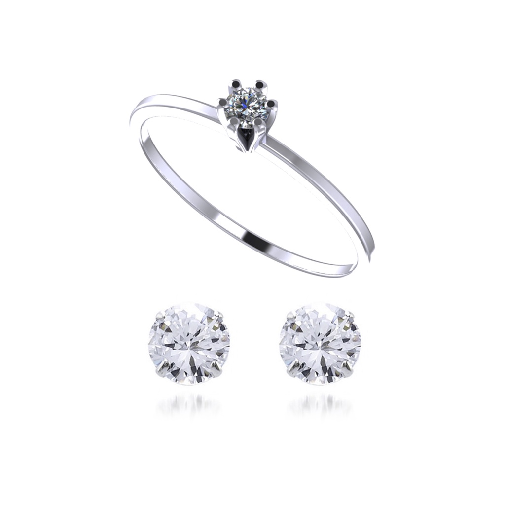 Anel Solitario + Brinco em Prata 925 Feminino Aliança Delicado