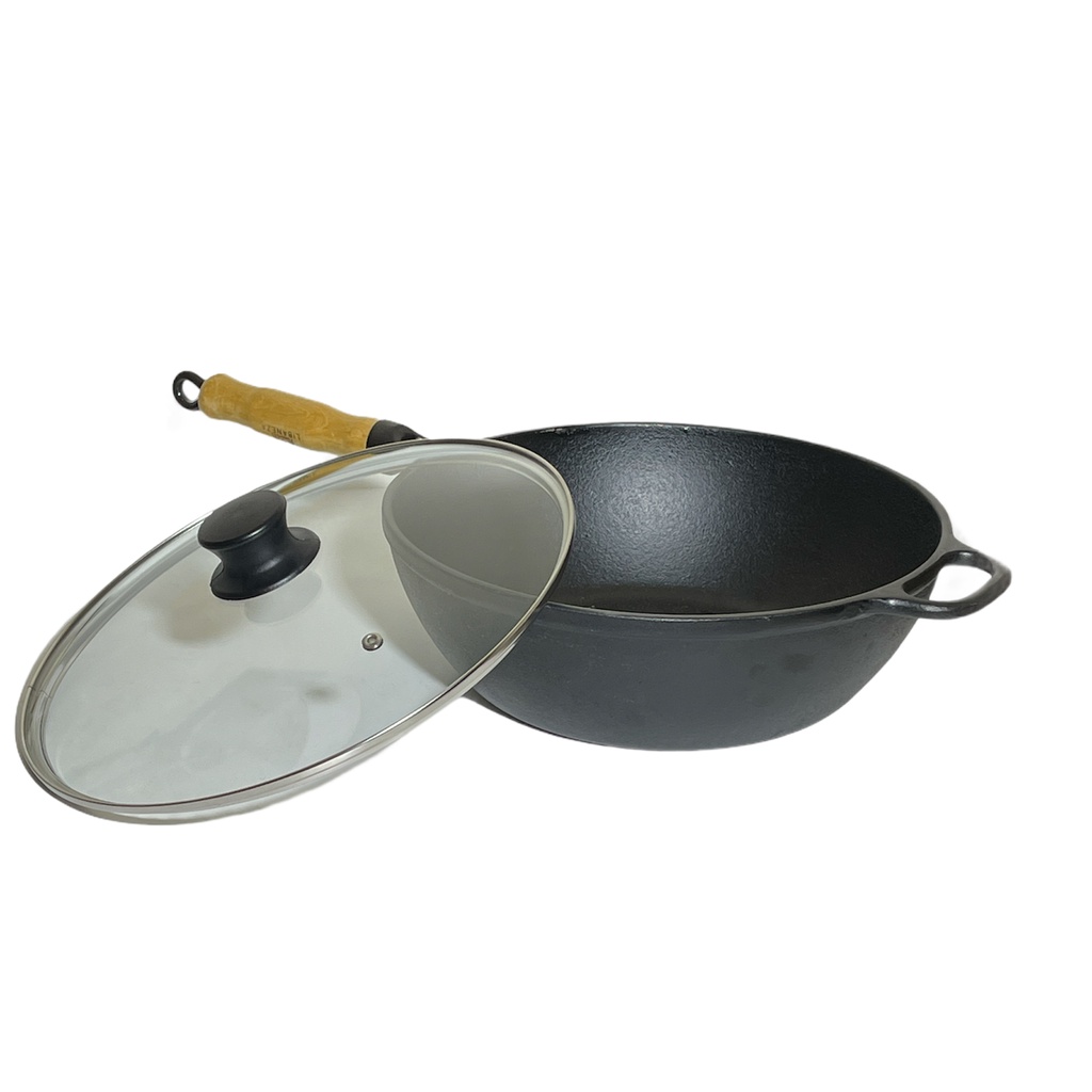 Panela de  Ferro Fundido Frigideira Wok Fundido  4 Litros Tampa Vidro 28 Cm