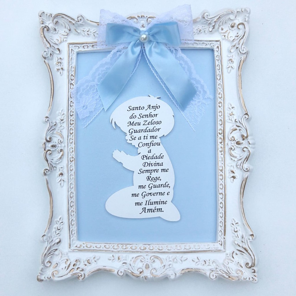 Quadro Enfeite Resina Oração Santo Anjo Menino Mdf Pintado