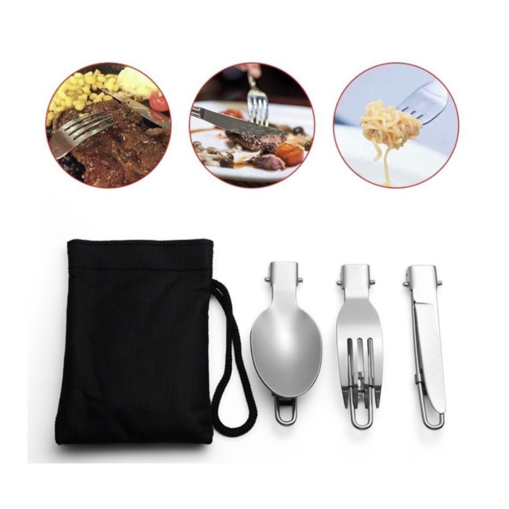 Kit Talher Retrátil Inox com 3 Garfo Faca Colher Para Camping Trilha Marmita Passeio