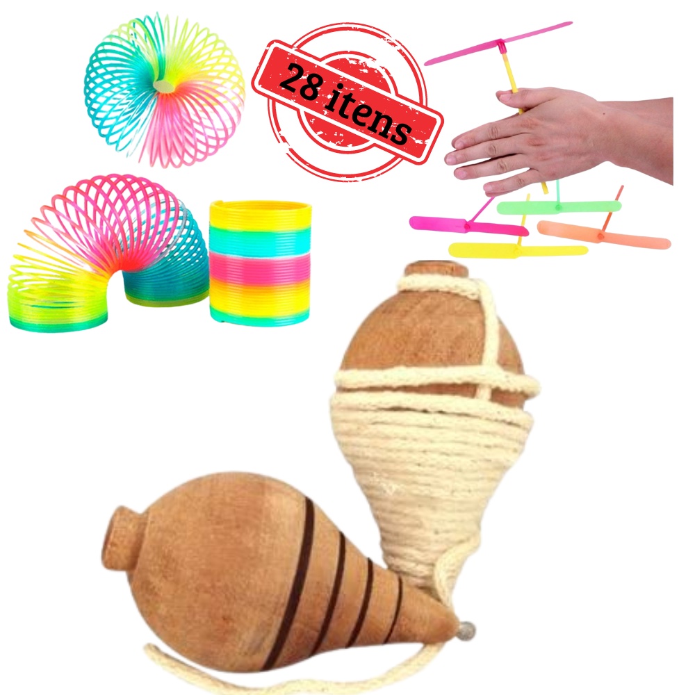 kit 5 brinquedos piões (pião) de madeira  15 pirocoptero (girocoptero) hélice plástico 8 mola maluca P