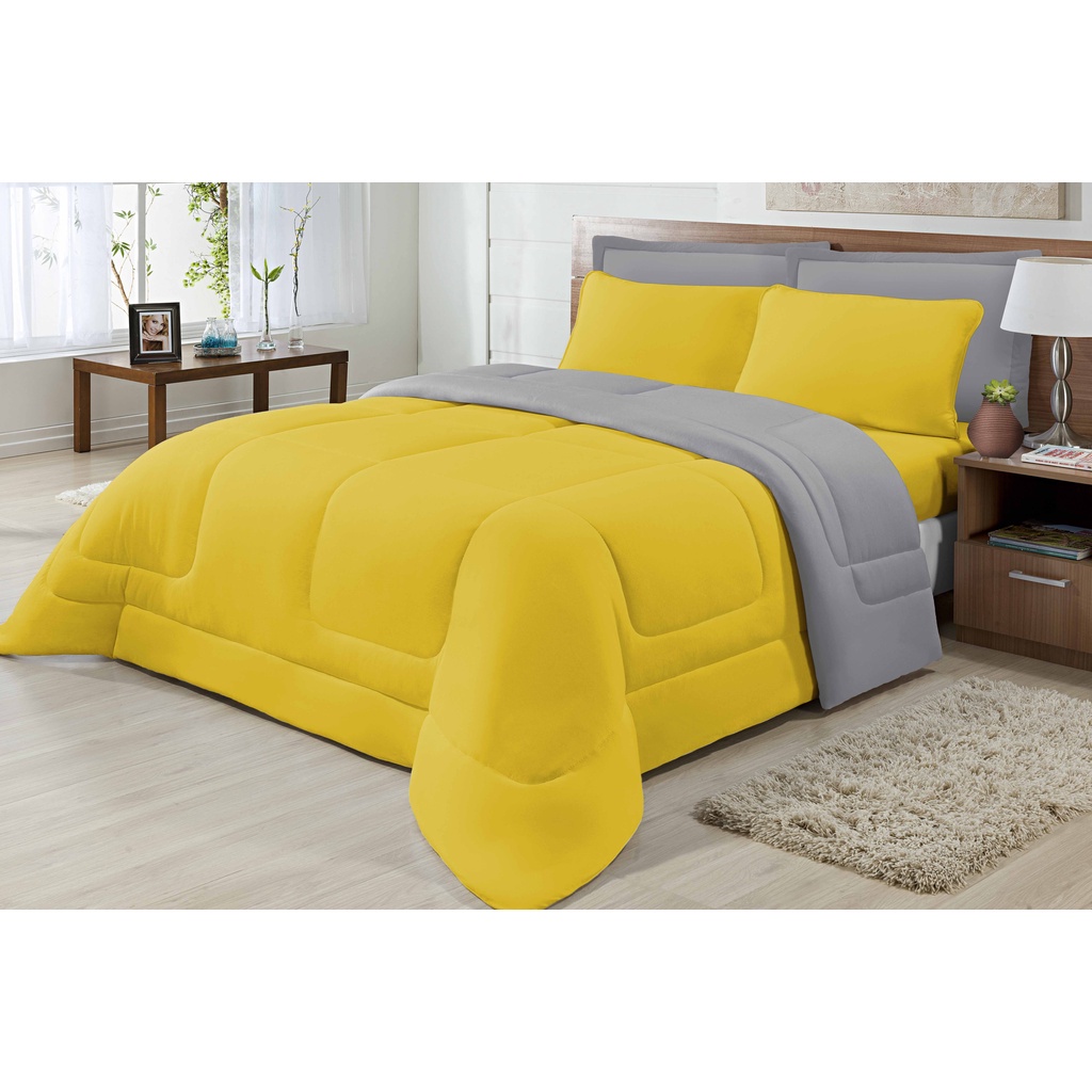 Edredom Dupla Face 100% Algodão Malha Queen 01 Peça Amarelo e Cinza