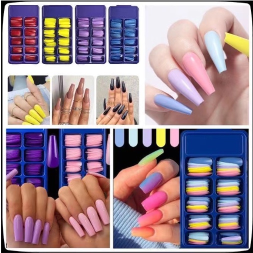 Kit 100 Pcs Unhas Postiças Bailarina Longa Decoradas Kit / Unhas Autocolantes / DIY Pronto entrega FAn