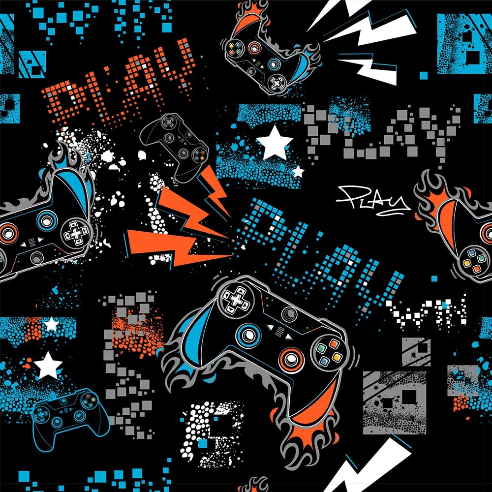 Papel de Parede Quarto Gamer Play no Jogo Decoração Infantil Laranja e Azul Fundo Preto em Oferta na Shopee