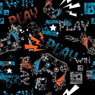 Papel de Parede Quarto Gamer Play no Jogo Decoração Infantil Laranja e Azul Fundo Preto em Oferta na Shopee