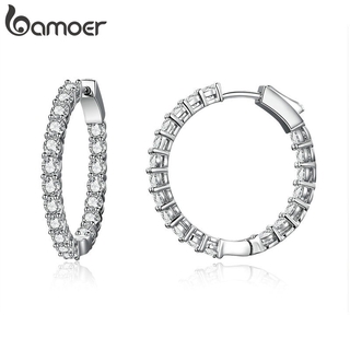 Bamoer Brincos Stud Redondos De Cor Prata Circular Luminoso Cubic Zirconia Para Mulheres Jóias YIE138 Hiperbole
