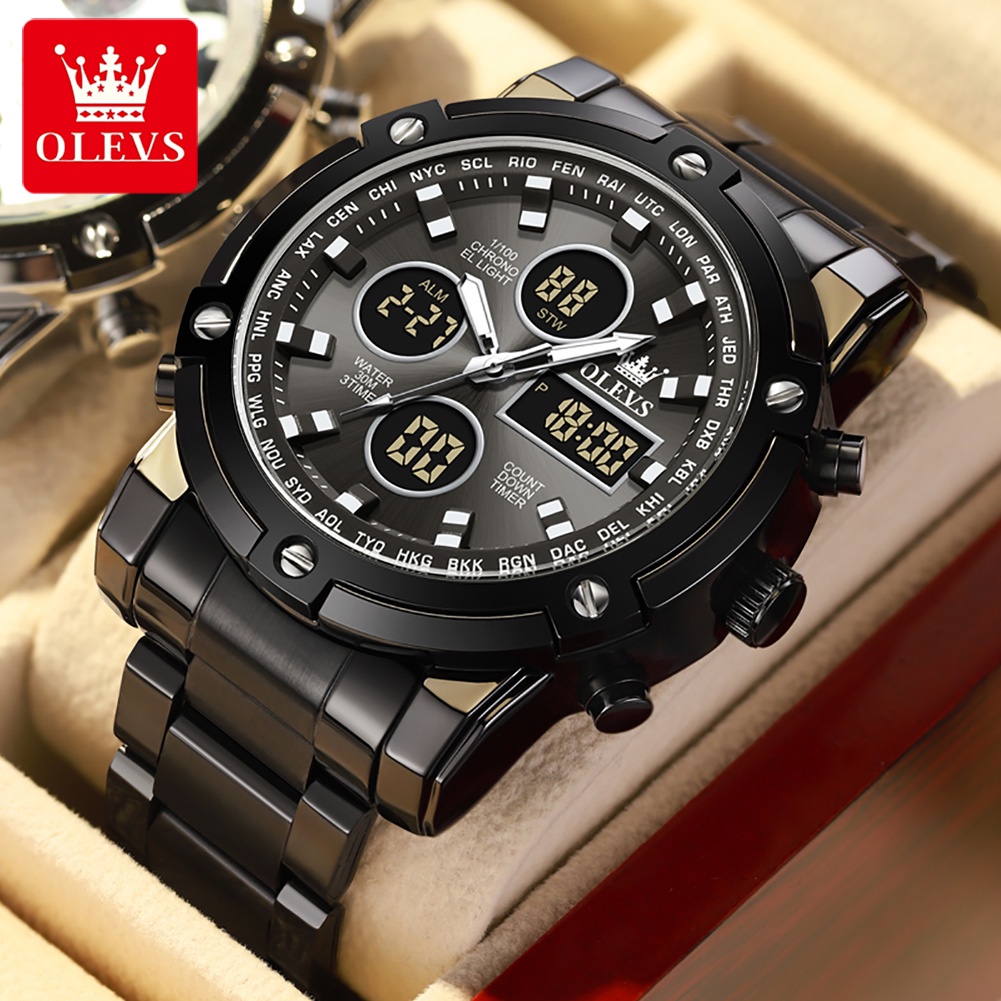 OLEVS 1106 Relógio Masculino Genuíno Calendário De Display Duplo Luminoso Impermeável Correia De Aço Inoxidável - Watches