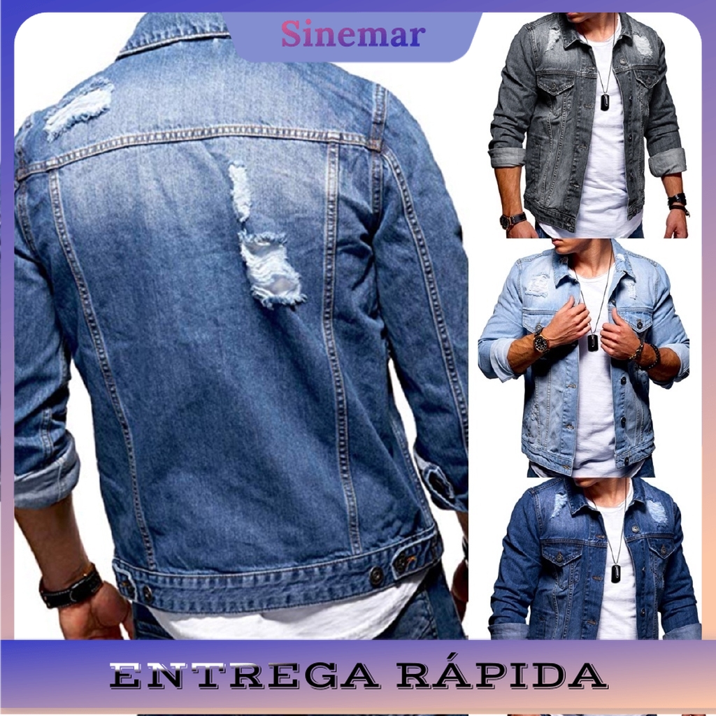 jaqueta jeans masculina rasgada