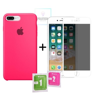 Kit Capinha IPhone 7 Plus e 8 Plus Premium Silicone Com Logo + Película Privacidade + Kit Limpeza - Lançamento 2024