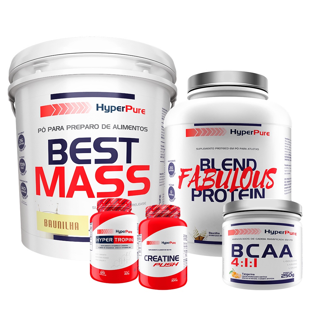 Kit Hipercalórico Best Mass 6Kg + Whey Protein Fabulous 2Kg + BCAA 250g Sabor: Tangerina + Creatina Push 300g + ZMA Hyper Tropin 120 Cáps - Hyperpure