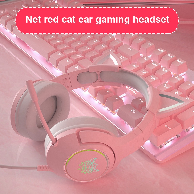 Onikuma K9 Headset Rosa Com Orelha De Gato Fofo Para Jogos, Headset Head-Mound 7.1 Canal Com Microfone